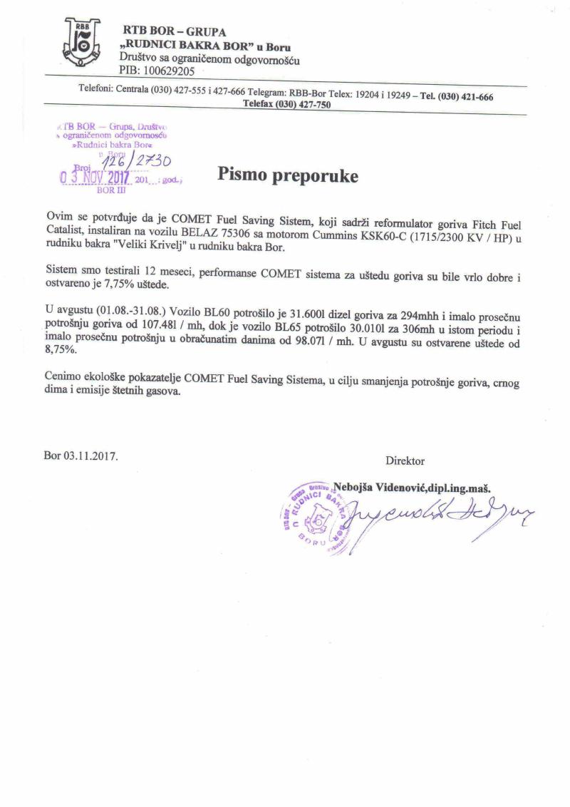 Pismo preporuke — RTB Bor — Rudnici bakra Bor